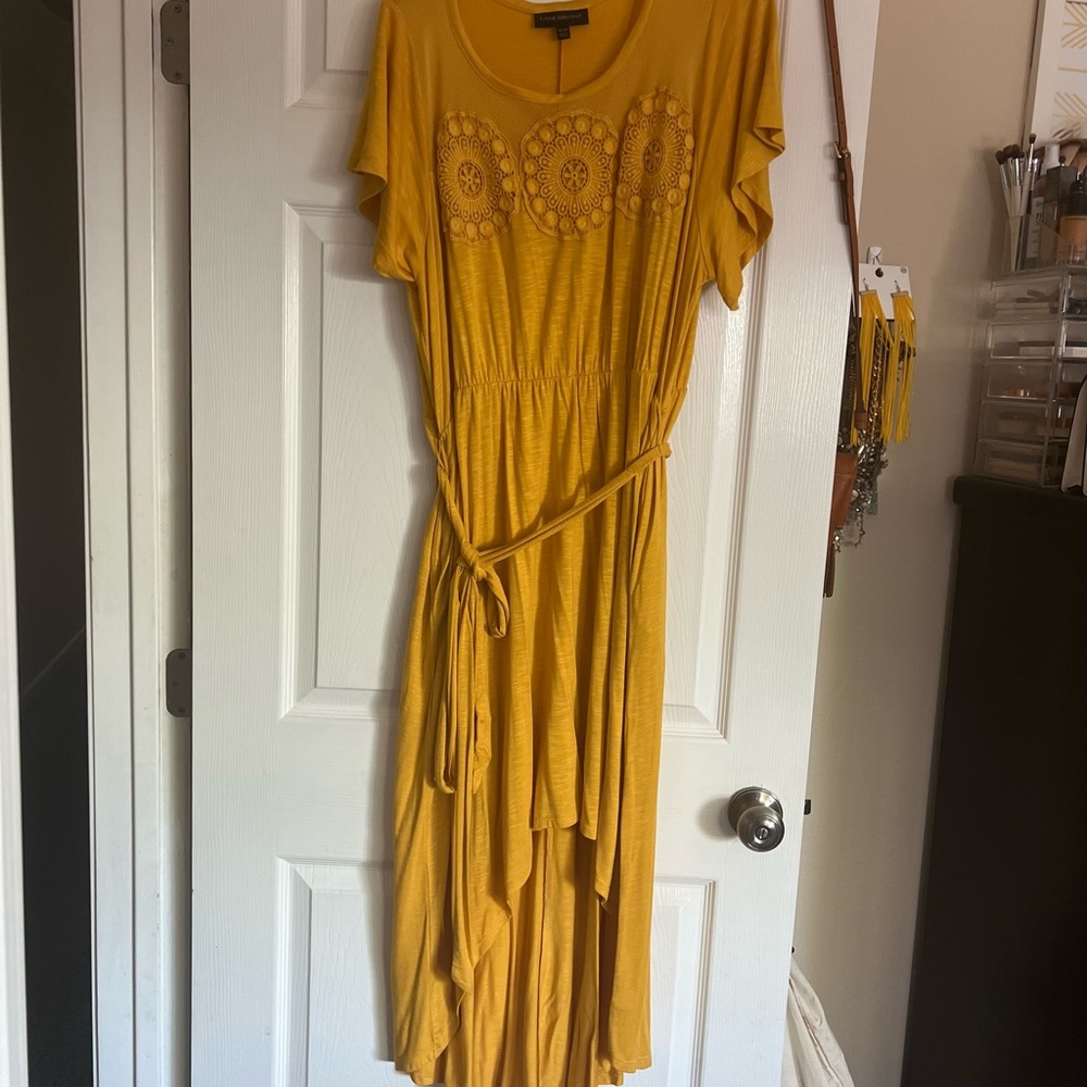 Deep yellow hi lo dress with tie around the waste.